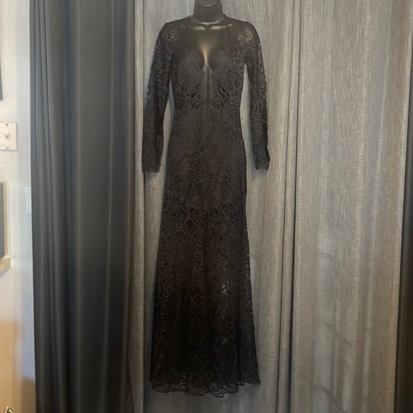 michelle mason lace dress Michelle Mason Lace Inset Gown in Black
